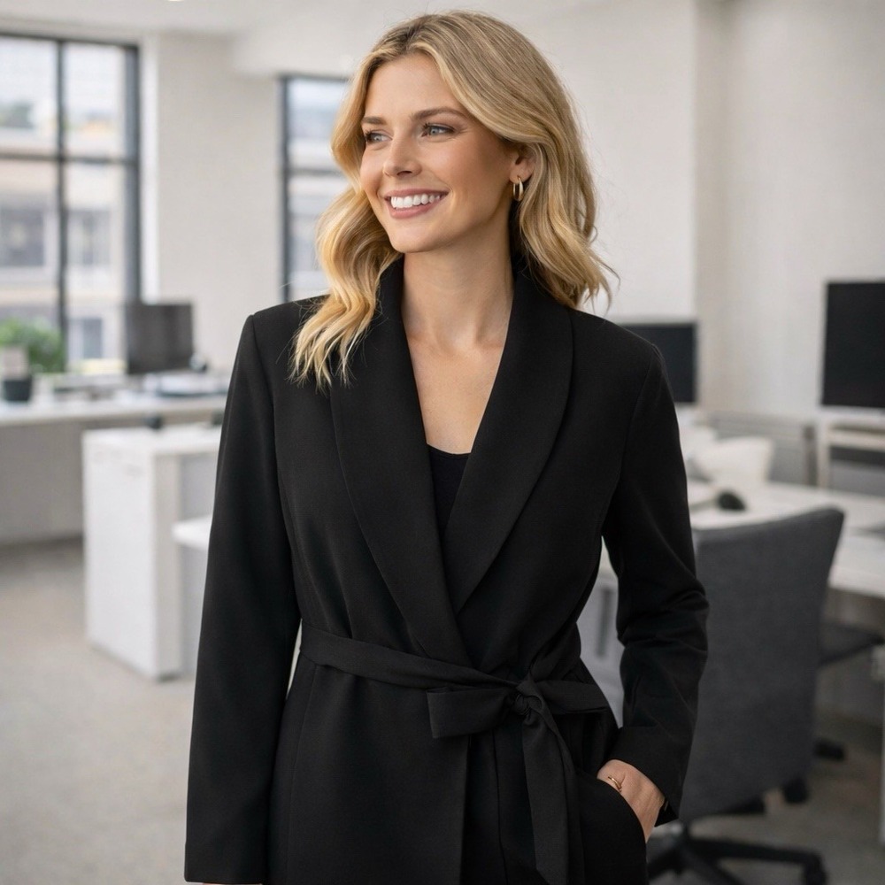 INC International Concepts Black Slim Belted Blazer Career Office Siren Chic M